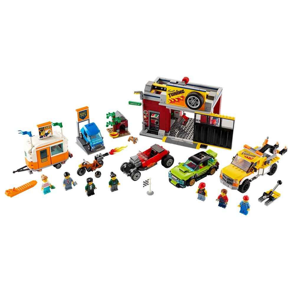 LEGO 60258 City Nitro Wheels Tuning Workshop Building Set with Tow Truck, Hot Rod, Camping Trailer and Motorbike