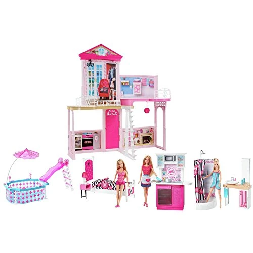 Complete Barbie Home Set with 3 Dolls and Pool