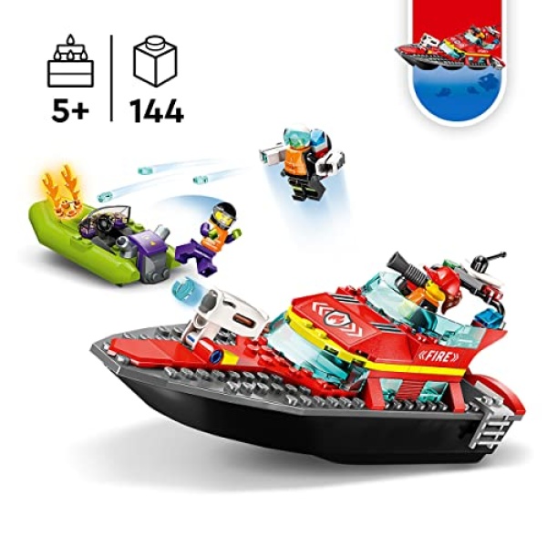 LEGO City Fire Rescue Boat Toy, Floats on Water Set 60373 - Image 2